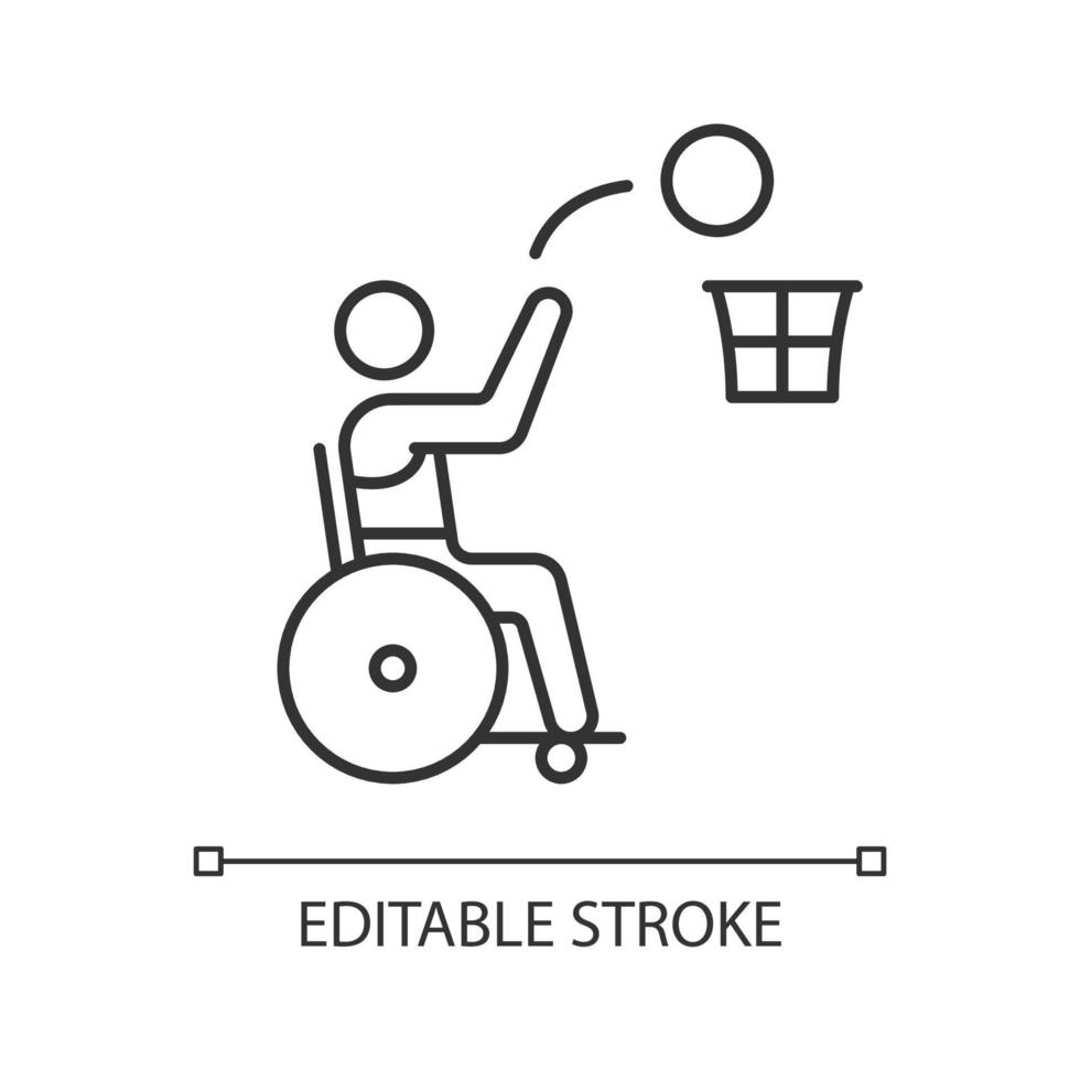 icône linéaire de basket-ball en fauteuil roulant. sport compétitif. basket adaptatif. sportifs handicapés. illustration personnalisable en ligne mince. symbole de contour. dessin de contour isolé de vecteur. trait modifiable vecteur