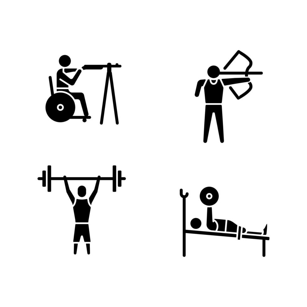 concours adaptatifs uniques icônes de glyphe noir définies sur un espace blanc. activités sportives. jeux d'établissement de résultats personnels. sportif handicapé physique. symboles de silhouettes. illustration vectorielle isolée vecteur