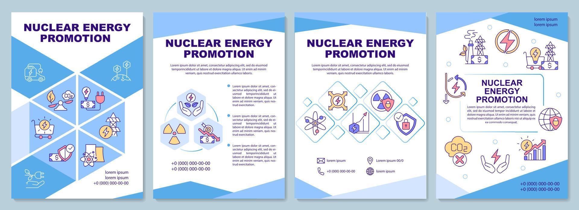 modèle de brochure de promotion de l'énergie nucléaire. source d'énergie à faible émission de carbone. dépliant, livret, impression de dépliant, conception de la couverture avec des icônes linéaires. mises en page vectorielles pour la présentation, les rapports annuels, les pages publicitaires vecteur