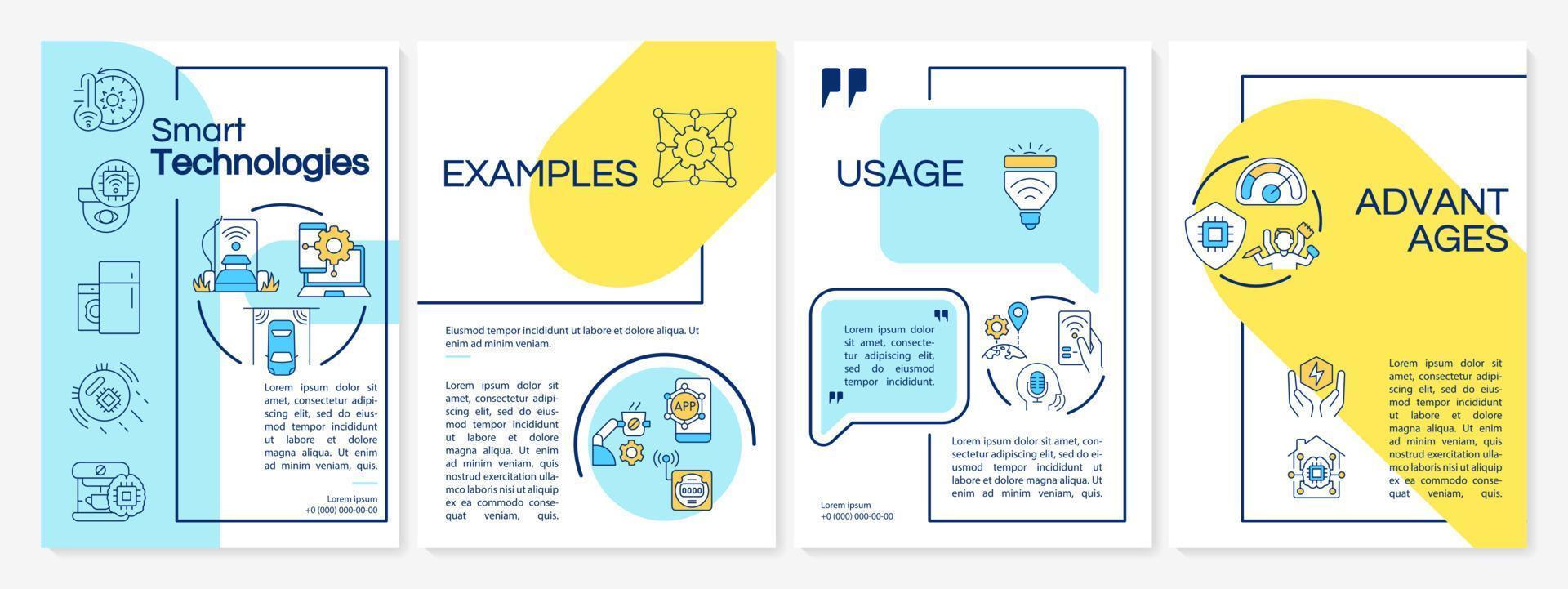 modèle de brochure de technologie moderne bleu et jaune. conservation de l'énergie. conception de dépliant avec des icônes linéaires. 4 mises en page vectorielles pour la présentation, les rapports annuels. polices questrial, lato-regular utilisées vecteur