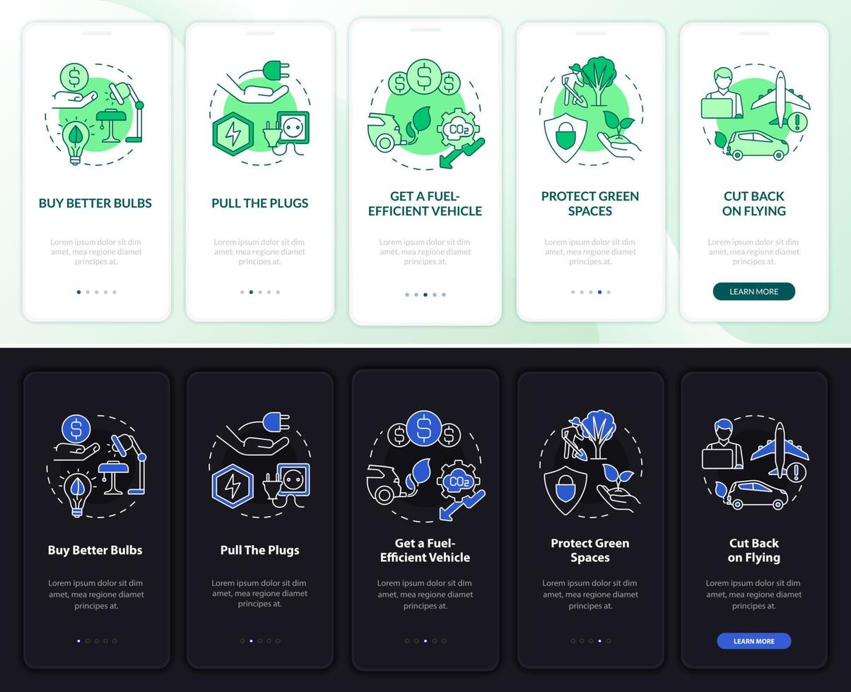 prévention de la pollution de l'air nuit, écran d'application mobile d'intégration en mode jour. pas à pas en 5 étapes pages d'instructions graphiques avec des concepts linéaires. ui, ux, modèle d'interface graphique. myriade de polices pro-gras régulières utilisées vecteur