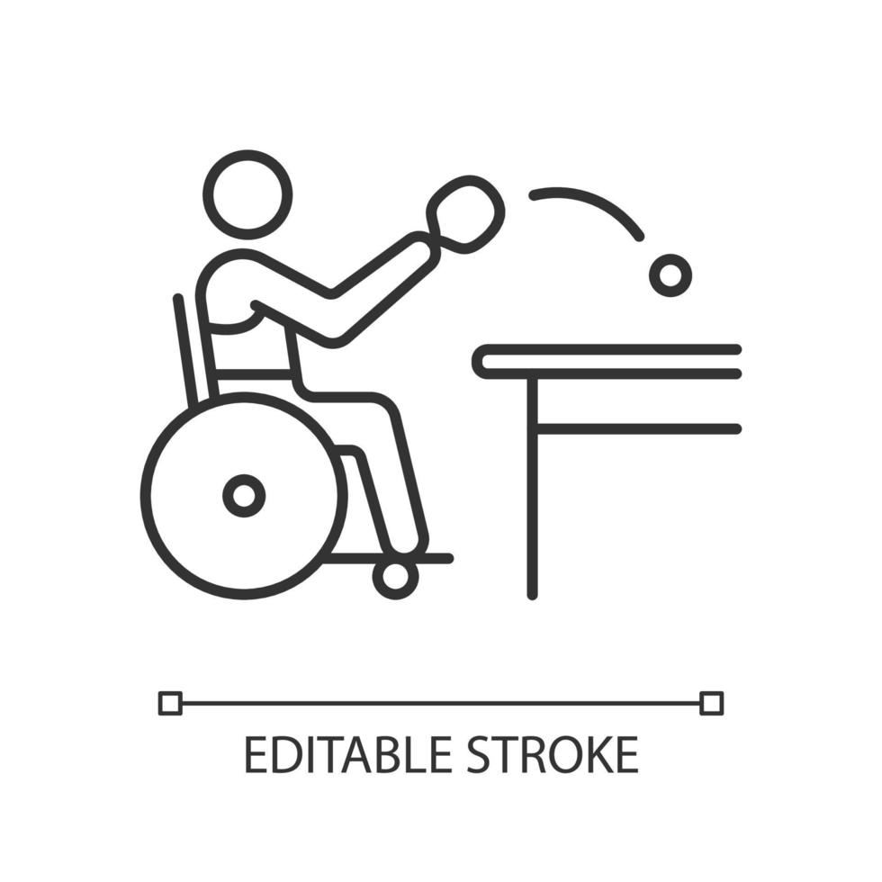 icône linéaire de tennis de table. frapper une balle légère à l'aide d'une raquette. sportif handicapé physique. illustration personnalisable en ligne mince. symbole de contour. dessin de contour isolé de vecteur. trait modifiable vecteur