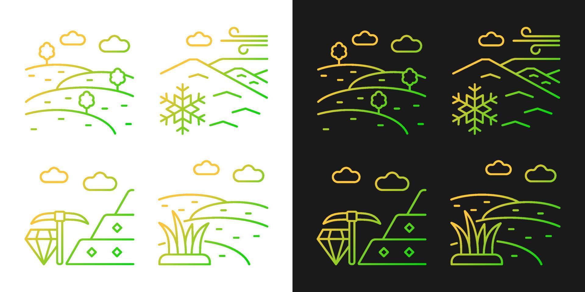 icônes de gradient de diversité terrestre définies pour le mode sombre et clair. élévation du sol. extraction de minerais. ensemble de symboles de contour de ligne mince. collection d'illustrations vectorielles isolées en noir et blanc vecteur