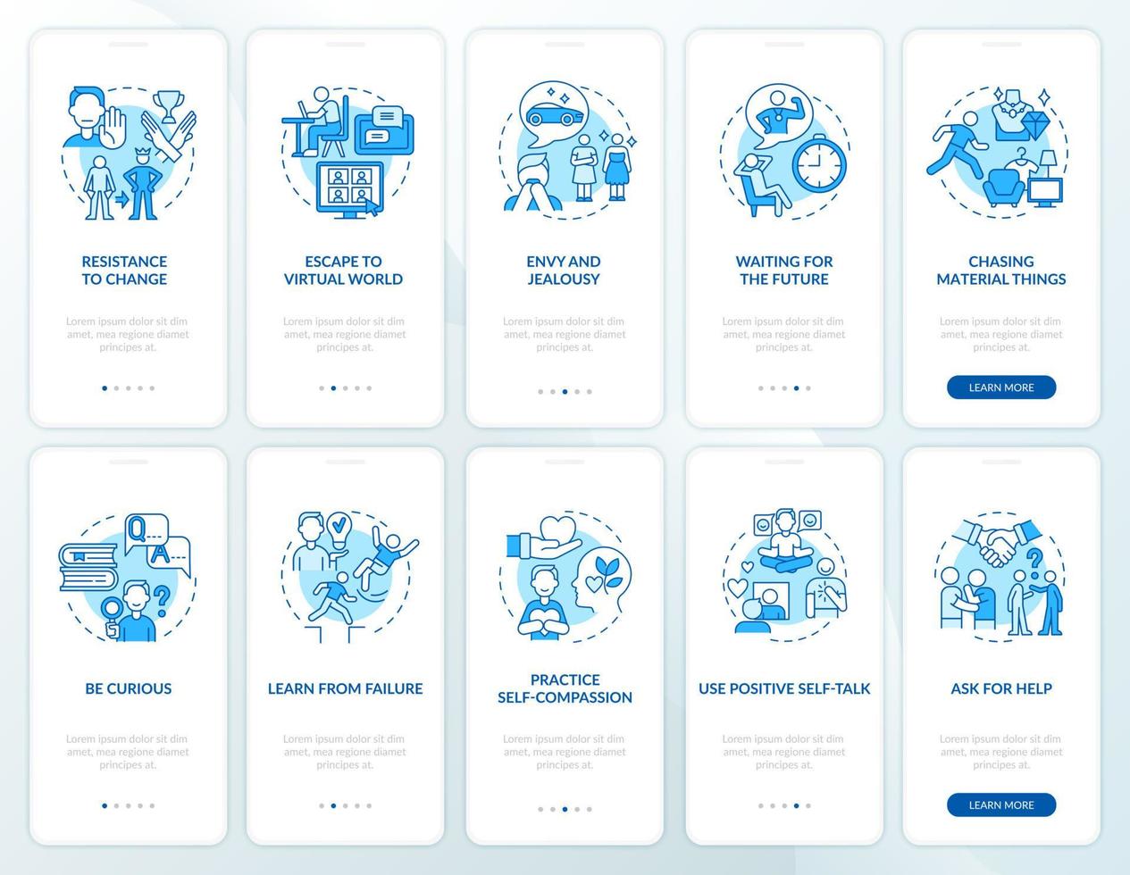 ensemble d'écrans de page d'application mobile d'intégration bleu état d'esprit de bonheur. Procédure pas à pas d'obstacles Instructions graphiques en 5 étapes avec concepts. modèle vectoriel ui, ux, gui avec illustrations couleur linéaires