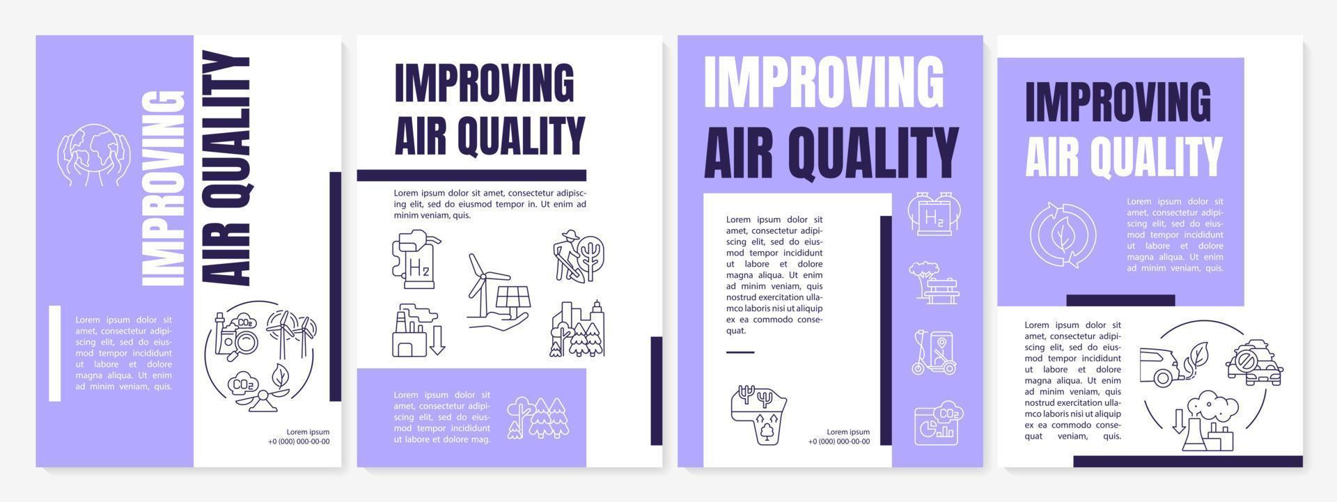 amélioration du modèle de brochure sur la qualité de l'air. solutions durables. dépliant, livret, impression de dépliant, conception de la couverture avec des icônes linéaires. mises en page vectorielles pour la présentation, les rapports annuels, les pages publicitaires vecteur