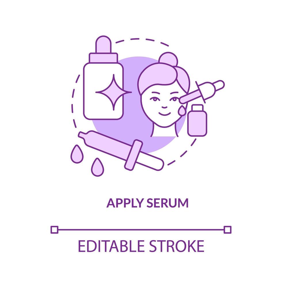 appliquer l'icône de concept violet sérum. routine de soins de la peau quotidienne produit idée abstraite illustration de la ligne mince. dessin de contour isolé. trait modifiable. roboto-medium, une myriade de polices pro-gras utilisées vecteur