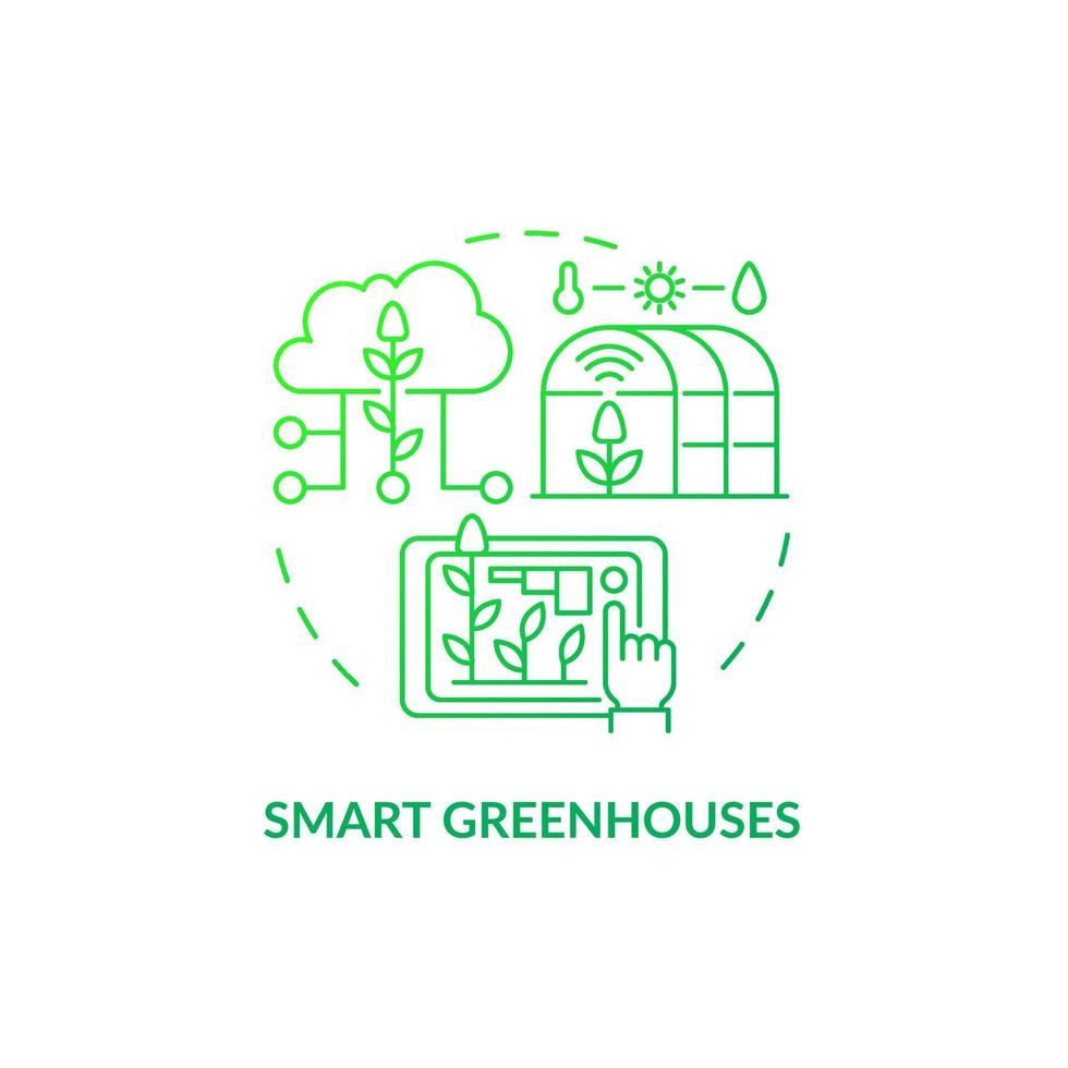icône de concept de gradient vert de serres intelligentes. illustration de la ligne mince de l'idée abstraite de l'agriculture intelligente. régulation du microclimat. dessin de contour isolé. roboto-medium, une myriade de polices pro-gras utilisées vecteur