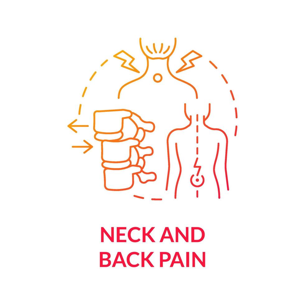 icône de concept rouge dégradé de douleur au cou et au dos. patient souffrant de douleur à la colonne vertébrale due à une mauvaise posture. douleurs rachidiennes. illustration de la ligne mince de l'idée abstraite de physiothérapie. dessin de couleur de contour isolé de vecteur