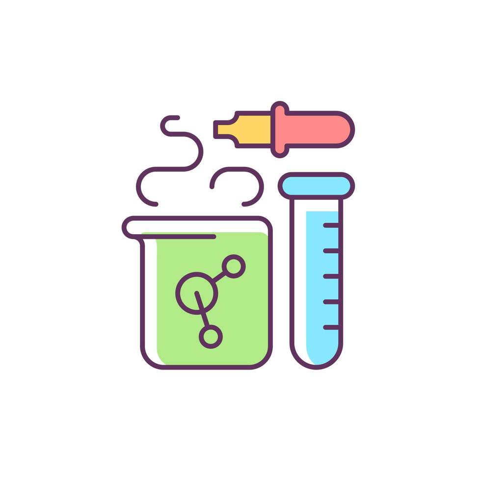 icône de couleur RVB de chimie. réaction chimique dans le bécher. tube à essai, pipette, flacon. équipement de laboratoire. cours de chimie à l'école. illustration vectorielle isolée. dessin au trait rempli simple vecteur