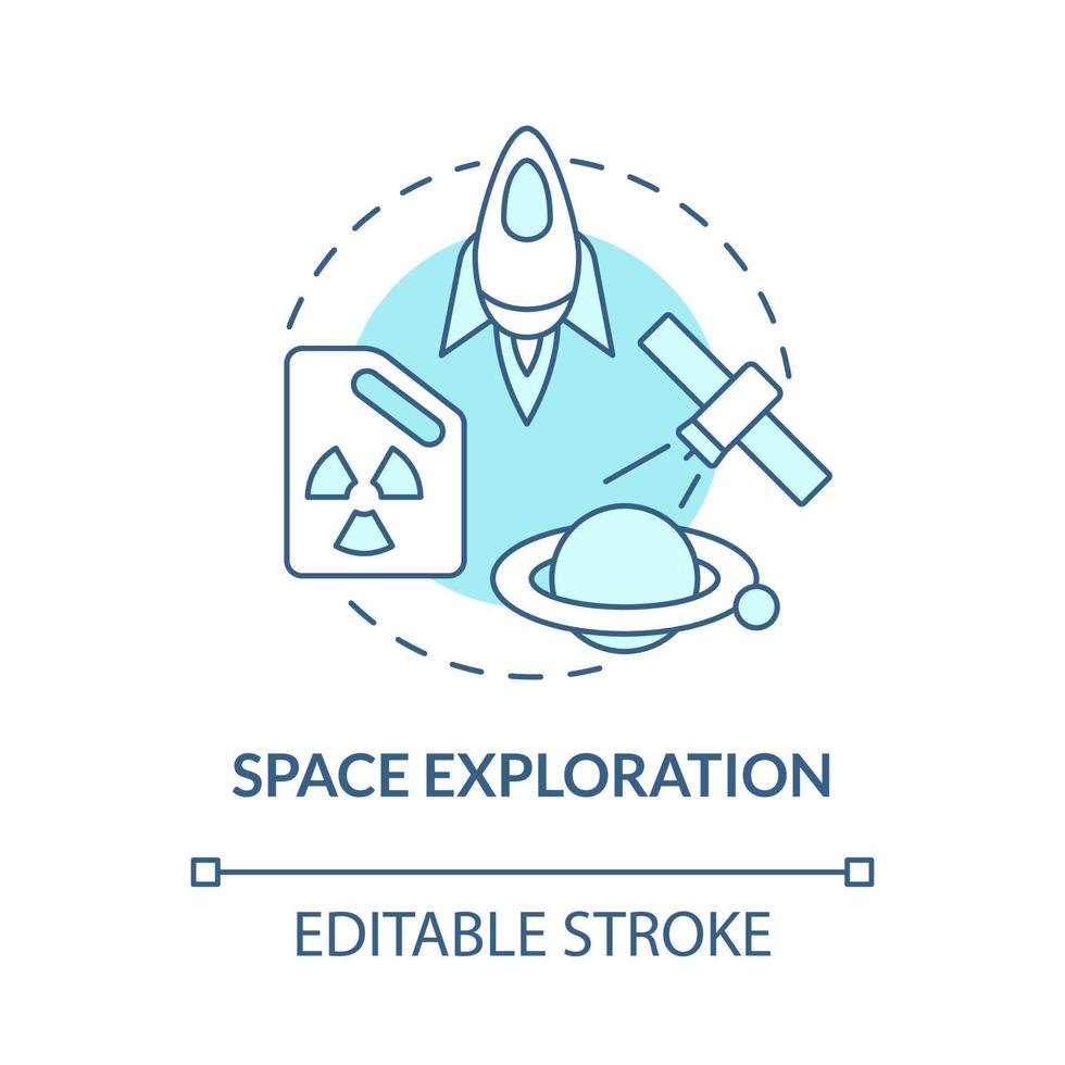 icône de concept bleu d'exploration spatiale. illustration de la ligne mince de l'idée abstraite de l'utilisation de l'énergie nucléaire. satellites propulsés par des réacteurs nucléaires. dessin de couleur de contour isolé de vecteur. trait modifiable vecteur