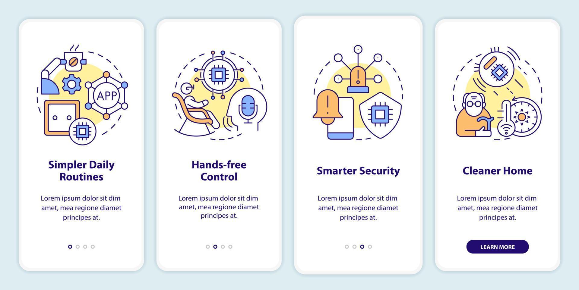 avantages de st pour les personnes âgées à bord de l'écran de l'application mobile. pas à pas en 4 étapes pages d'instructions graphiques avec des concepts linéaires. ui, ux, modèle d'interface graphique. myriade de polices pro-gras régulières utilisées vecteur