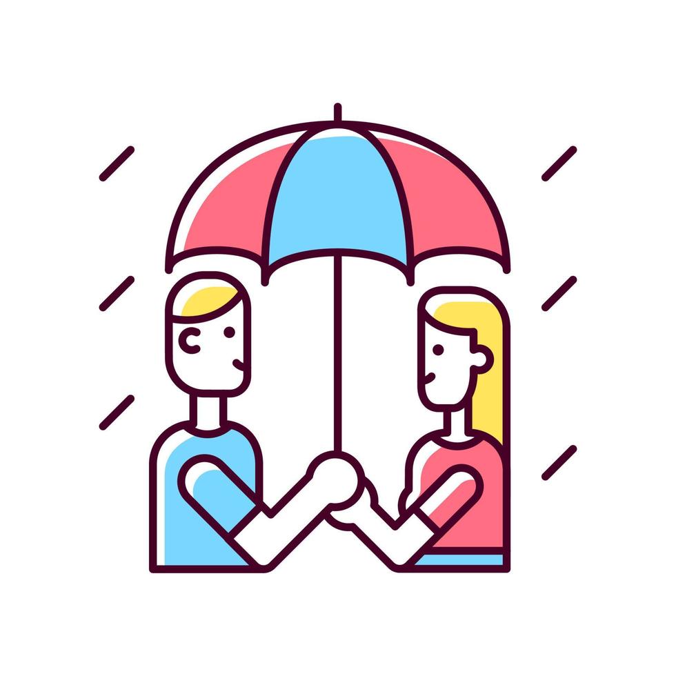 marcher sous la pluie icône de couleur rvb. couple sous parapluie par temps de pluie. partageant un parapluie avec sa petite amie, son petit ami. couple romantique. illustration vectorielle isolée. dessin au trait rempli simple vecteur