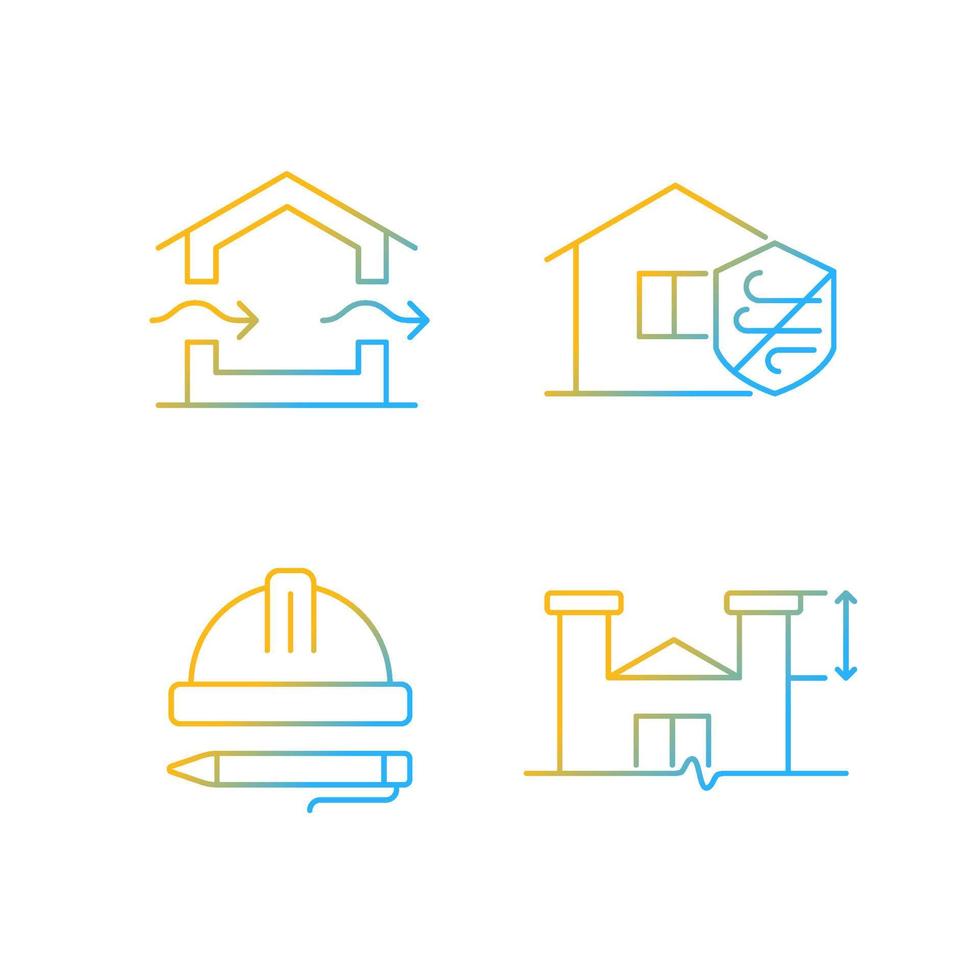 normes pour l'ensemble d'icônes vectorielles linéaires de gradient de construction résidentielle. ventilation naturelle. résistance aux intempéries. ensemble de symboles de contour de ligne mince. collection d'illustrations de contour isolé vecteur