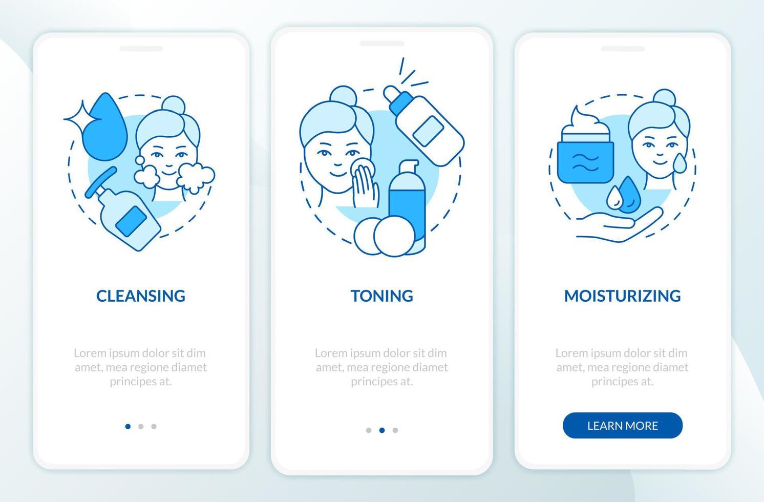 étapes de routine de soins de la peau écran bleu de l'application mobile d'intégration. conseils de beauté pas à pas pages d'instructions graphiques en 3 étapes avec des concepts linéaires. ui, ux, modèle d'interface graphique. une myriade de polices pro-gras régulières utilisées vecteur