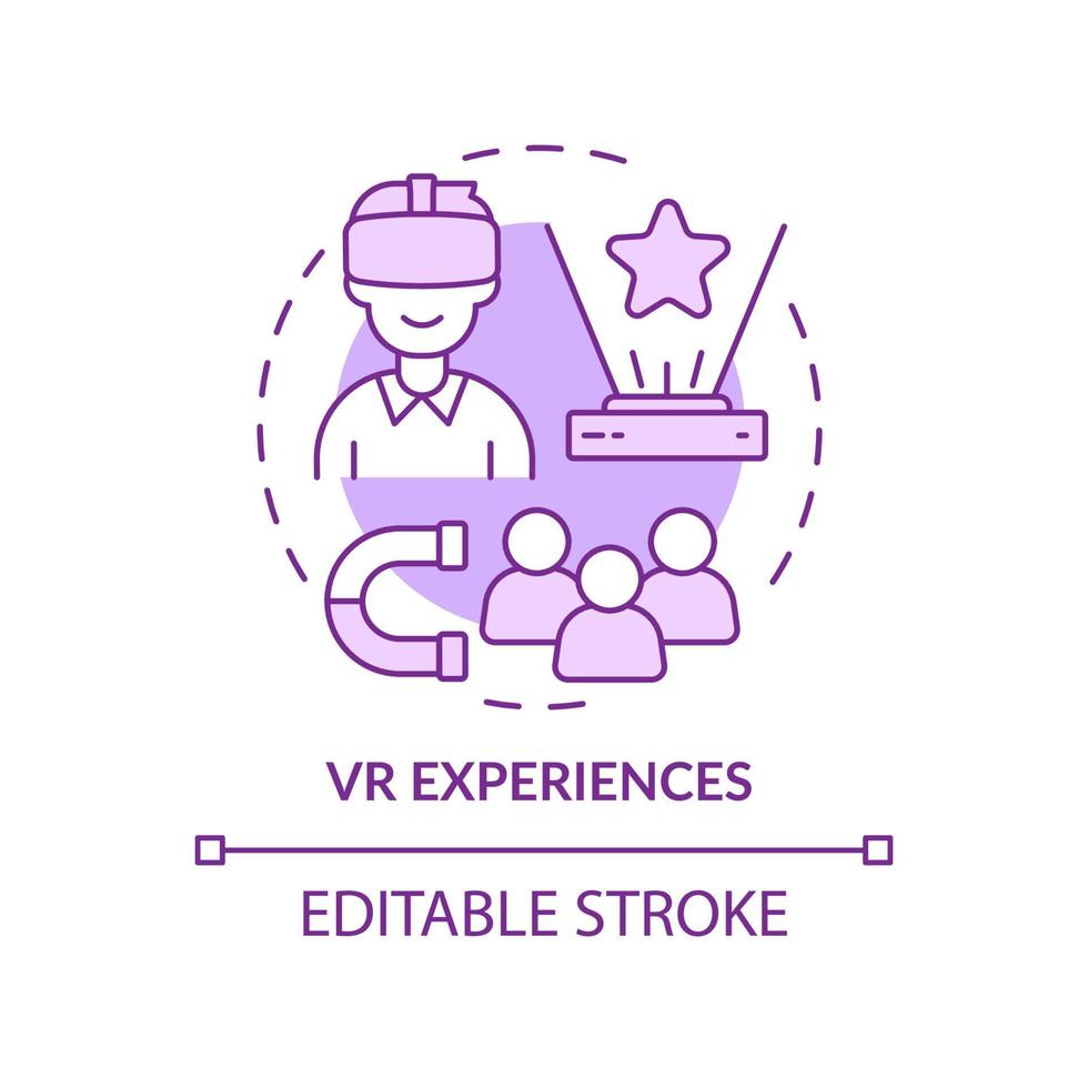 vr expérimente l'icône de concept violet. technologie de réalité augmentée. illustration de ligne mince d'idée abstraite de tendance marketing. dessin de contour isolé. trait modifiable. arial, myriade de polices pro-gras utilisées vecteur