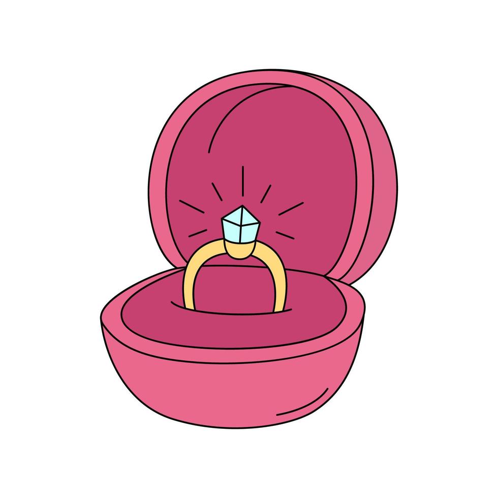 une bague en diamant dans un écrin. symbole d'une demande en mariage. illustration vectorielle en style cartoon isolé sur fond blanc. cérémonie de fiançailles vecteur