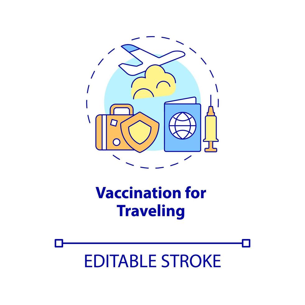 vaccination pour l'icône de concept de voyage. protection contre l'illustration de la ligne mince de l'idée abstraite covid. voyageurs aériens entièrement vaccinés. dessin de couleur de contour isolé de vecteur. trait modifiable vecteur