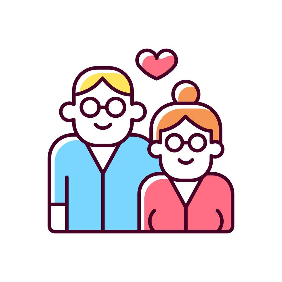 couple de personnes âgées amoureux icône de couleur rvb. relation amoureuse à long terme. amour éternel. marié depuis longtemps. vieillir les uns avec les autres. illustration vectorielle isolée. dessin au trait rempli simple vecteur