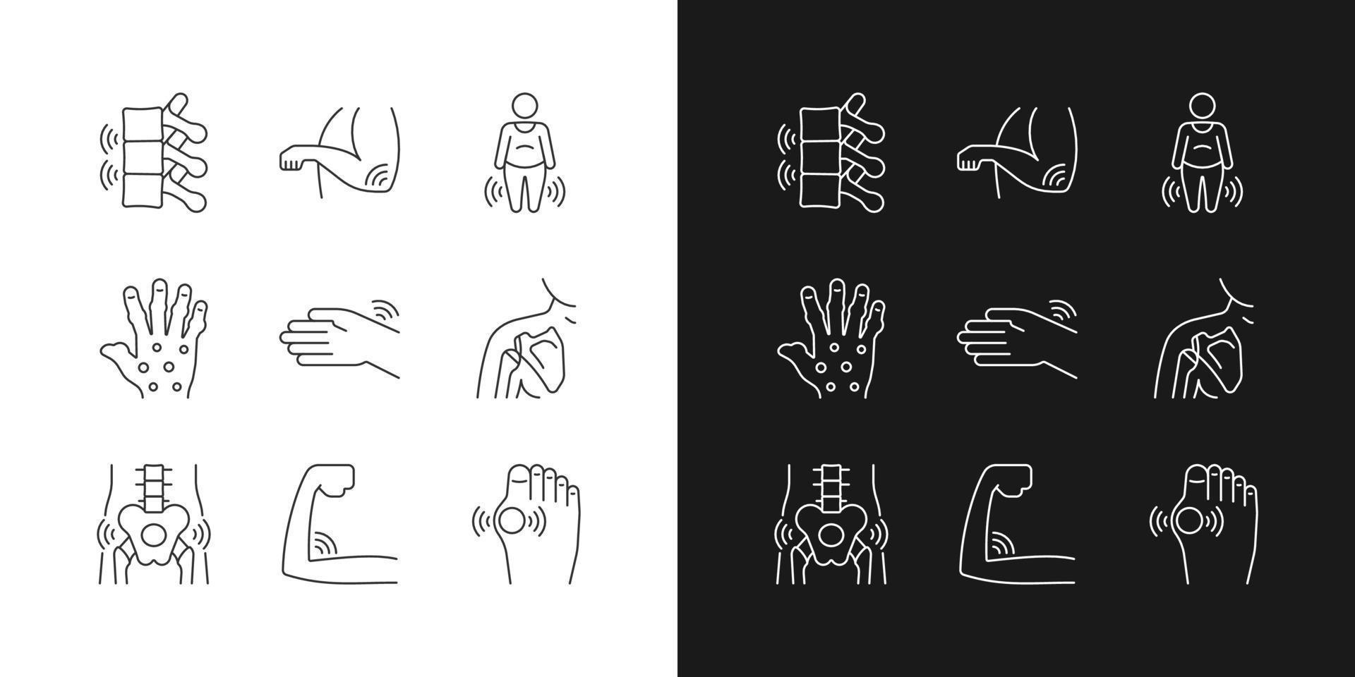 icônes linéaires d'inflammation articulaire définies pour le mode sombre et clair. la polyarthrite rhumatoïde. gonflement des ligaments. symboles de lignes fines personnalisables. illustrations vectorielles isolées. trait modifiable vecteur