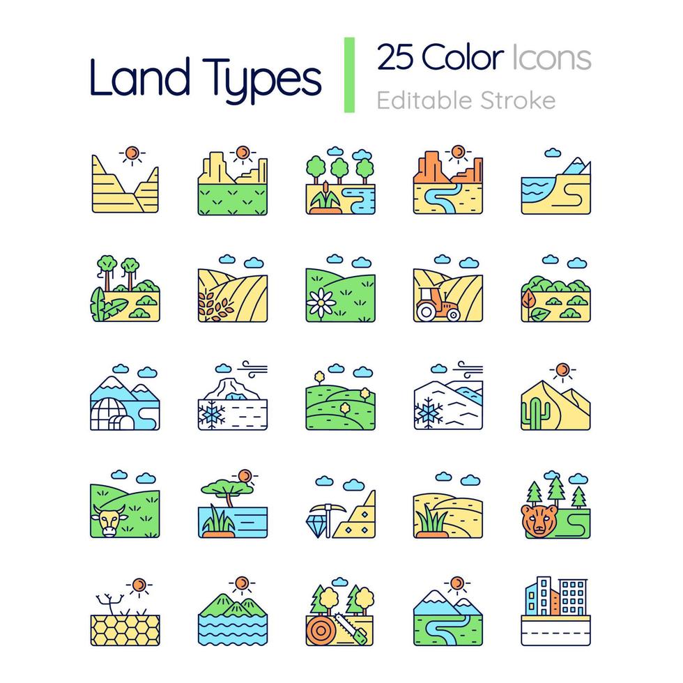 types de terres jeu d'icônes de couleur rvb. diversité des biomes. zones climatiques chaudes et froides. domaines de l'agriculture et de l'industrie. illustrations vectorielles isolées. collection de dessins au trait remplis simples. trait modifiable vecteur