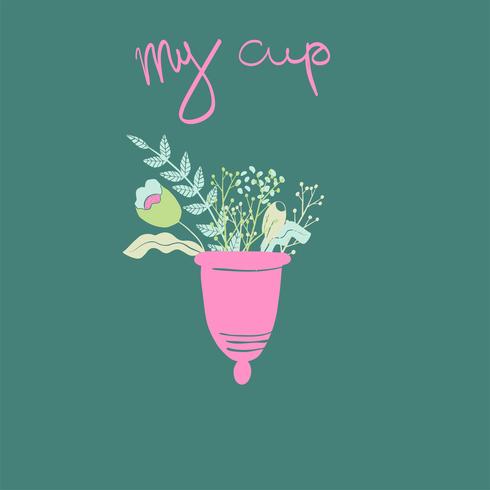 Coupe menstruelle féminine avec des fleurs dans un style dessinée à la main. Lettrage -J&#39;aime ma tasse vecteur