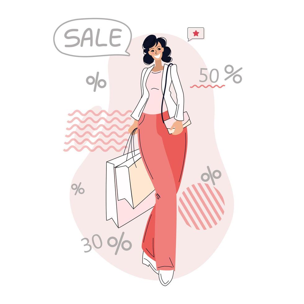 fille avec shopping vente saisonnière. illustration vectorielle. vecteur