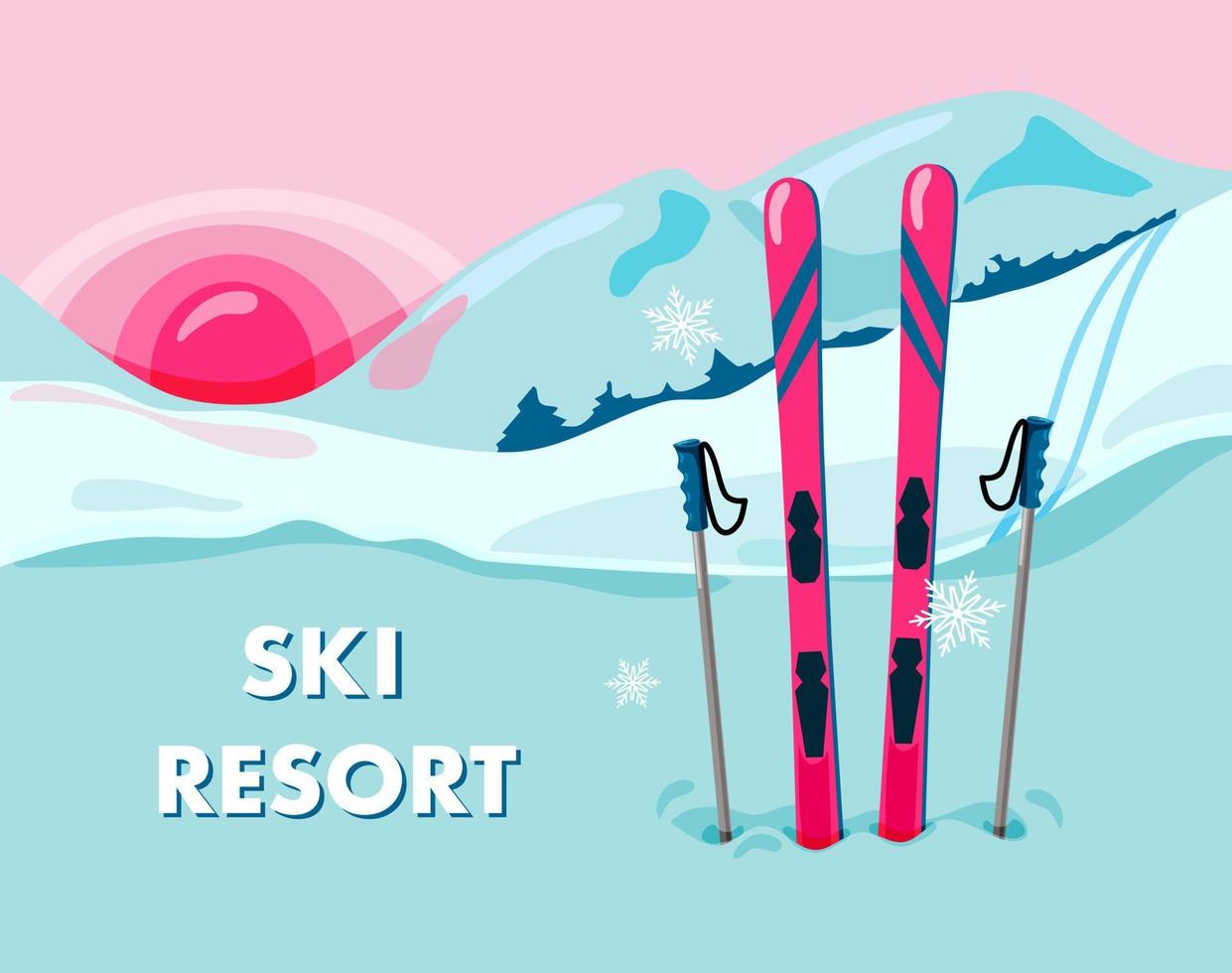 station de ski. illustration vectorielle avec une paire de skis sur fond de paysage enneigé et de montagnes. le coucher du soleil. vecteur