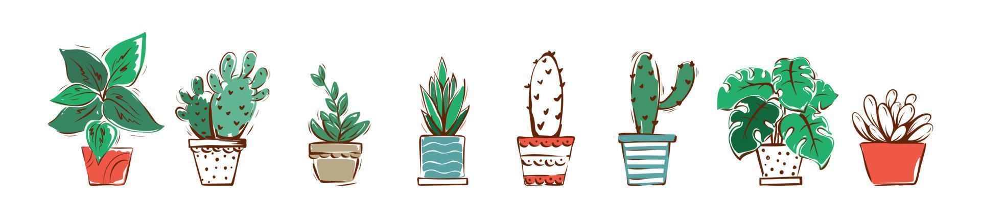 illustration vectorielle avec décor à la maison, plantes, cactus, feuilles tropicales. hygge. fond isolé. vecteur