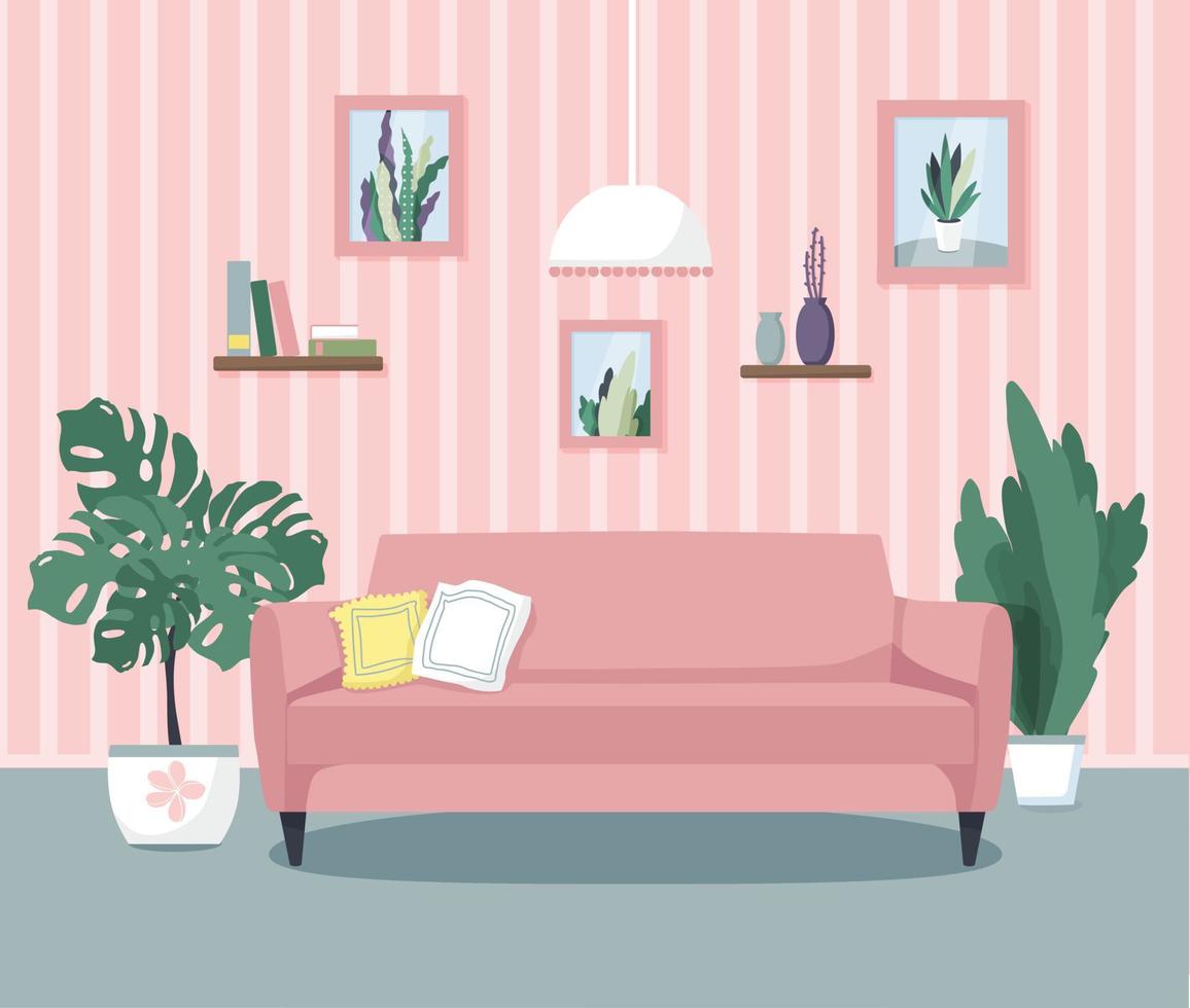 illustration vectorielle de l'intérieur du salon. canapé confortable, plantes d'intérieur, tableaux, livres. style plat. vecteur