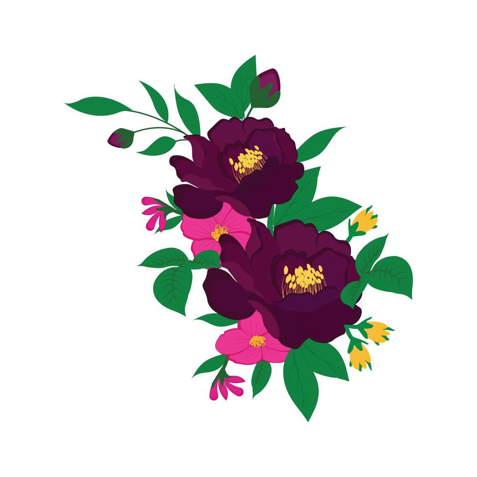 composition florale de vecteur vintage avec des fleurs, des bourgeons et des feuilles de roses élément de conception dessiné à la main dans l'illustration