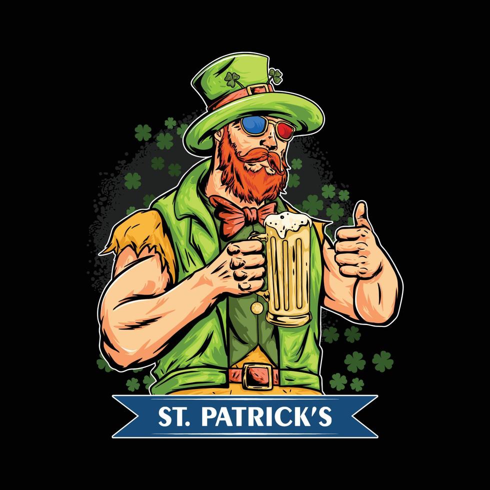 st. fête de la patrick avec le thème du grand homme apportant un verre de bière vecteur