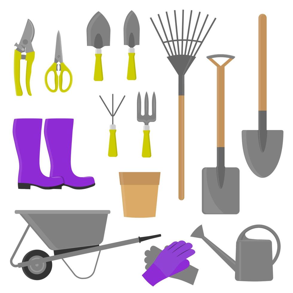 ensemble d'outils et d'équipements pour le jardinage. éléments de conception pour l'impression, l'emballage ou les autocollants. vecteur