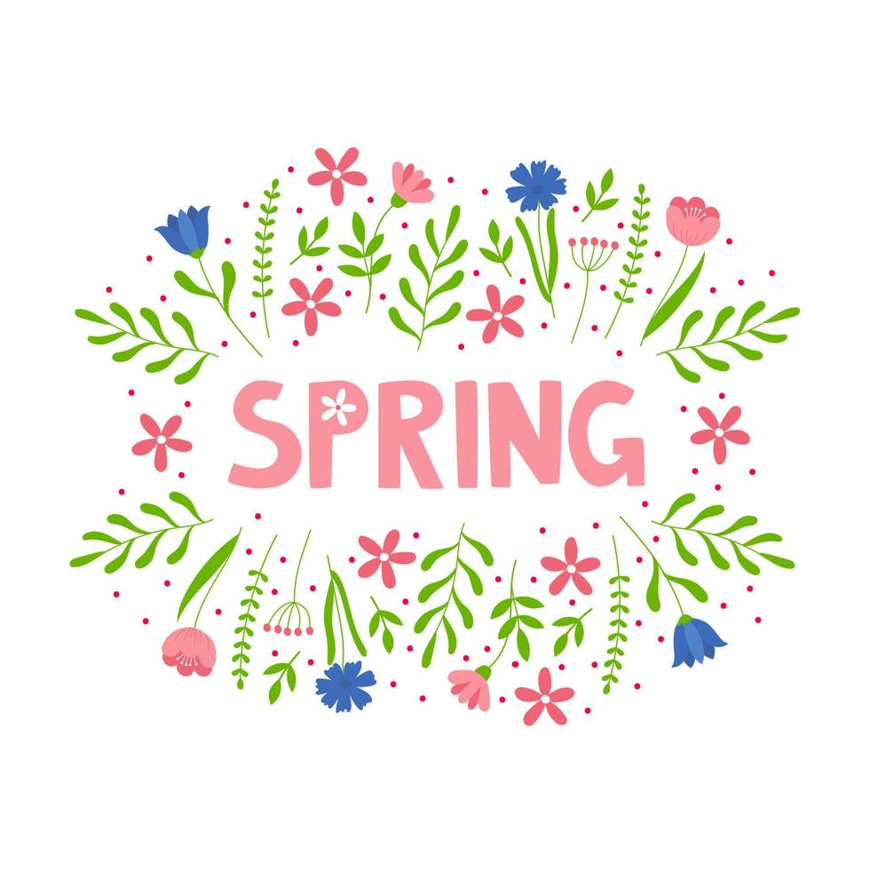 texte de lettrage de printemps dessiné à la main avec des fleurs. lettrage printemps pour carte de voeux, modèle d'invitation, affiche et bannière vecteur