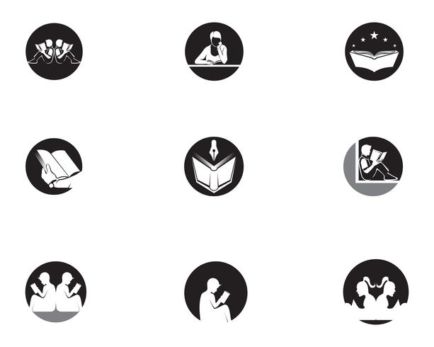 Logo de lecture de livre et symboles Silhouette Illustration noir. vecteur