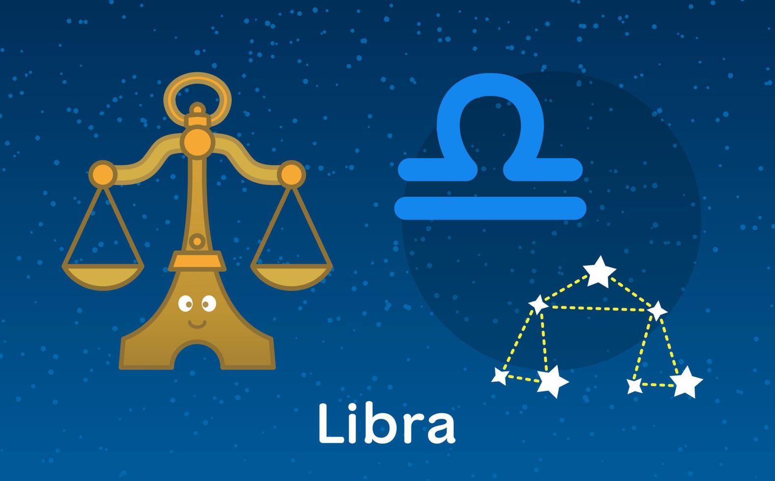 astrologie de dessin animé mignon du zodiaque balance avec signe de constellations. illustration vectorielle sur le fond du ciel étoilé vecteur