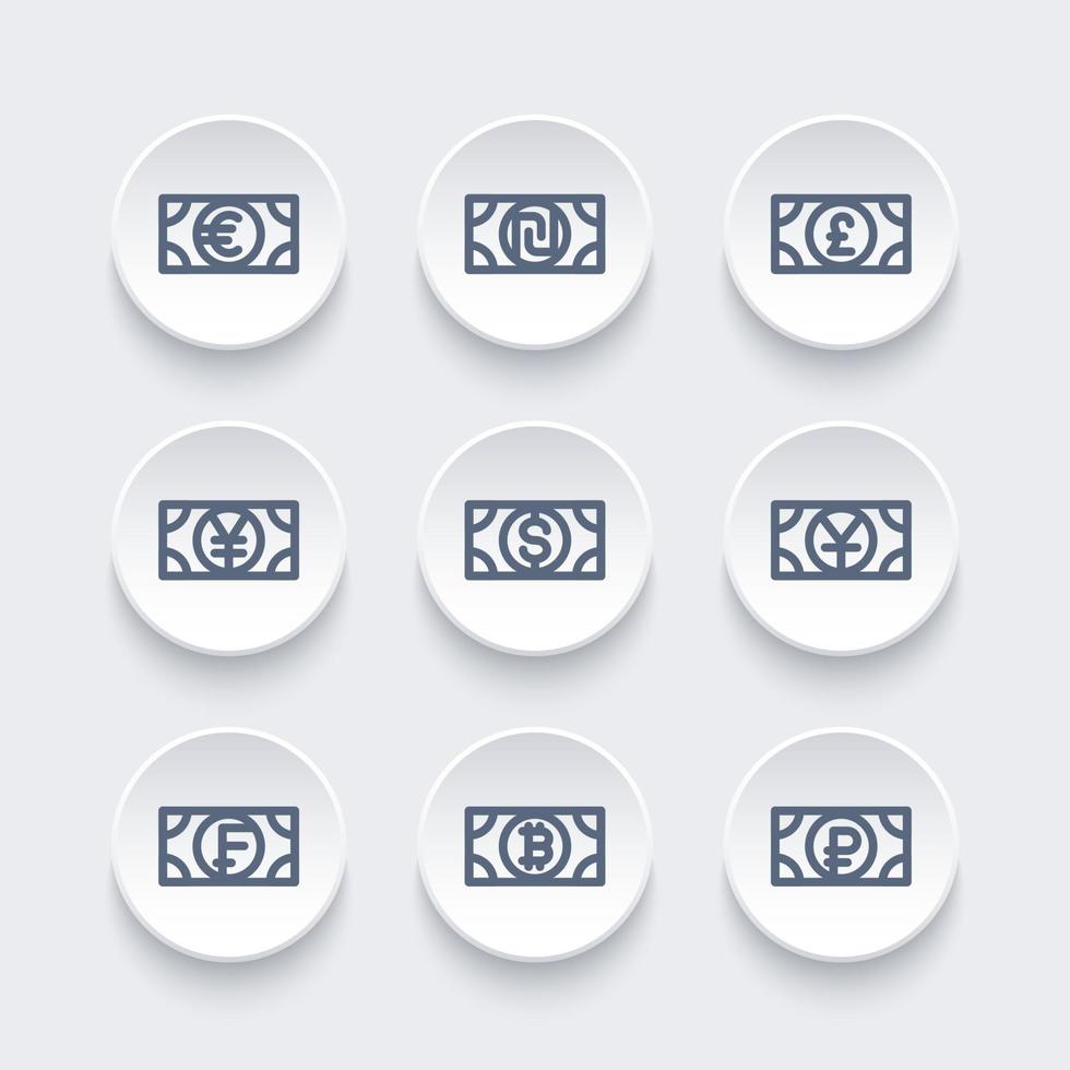 ensemble d'icônes de ligne de devises, livre, dollar, franc, yen, yuan, shekel, rouble, bitcoin vecteur