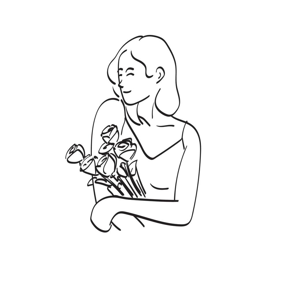 dessin au trait demi-longueur femme tenant des roses illustration vecteur dessiné à la main isolé sur fond blanc