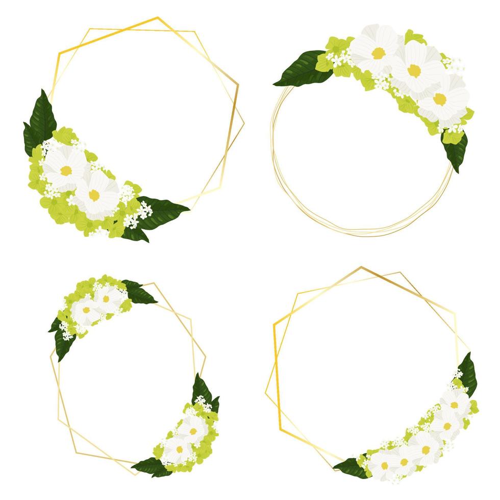 bouquet de fleurs de cosmos blanc et d'hortensia vert avec couronne de cadre doré pour la saint valentin, mariage, fête des mères ou anniversaire vecteur