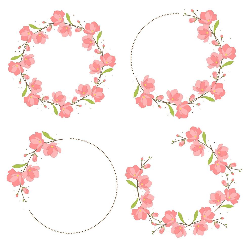 cadre de guirlande de fleurs de magnolia rose collection de style plat vecteur