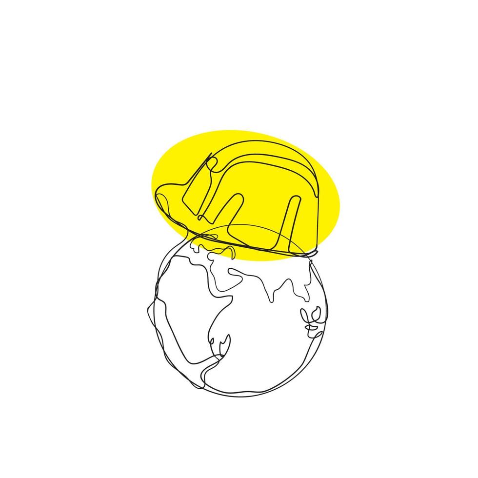 dessin au trait continu globe terrestre avec icône illustration casque jaune vecteur