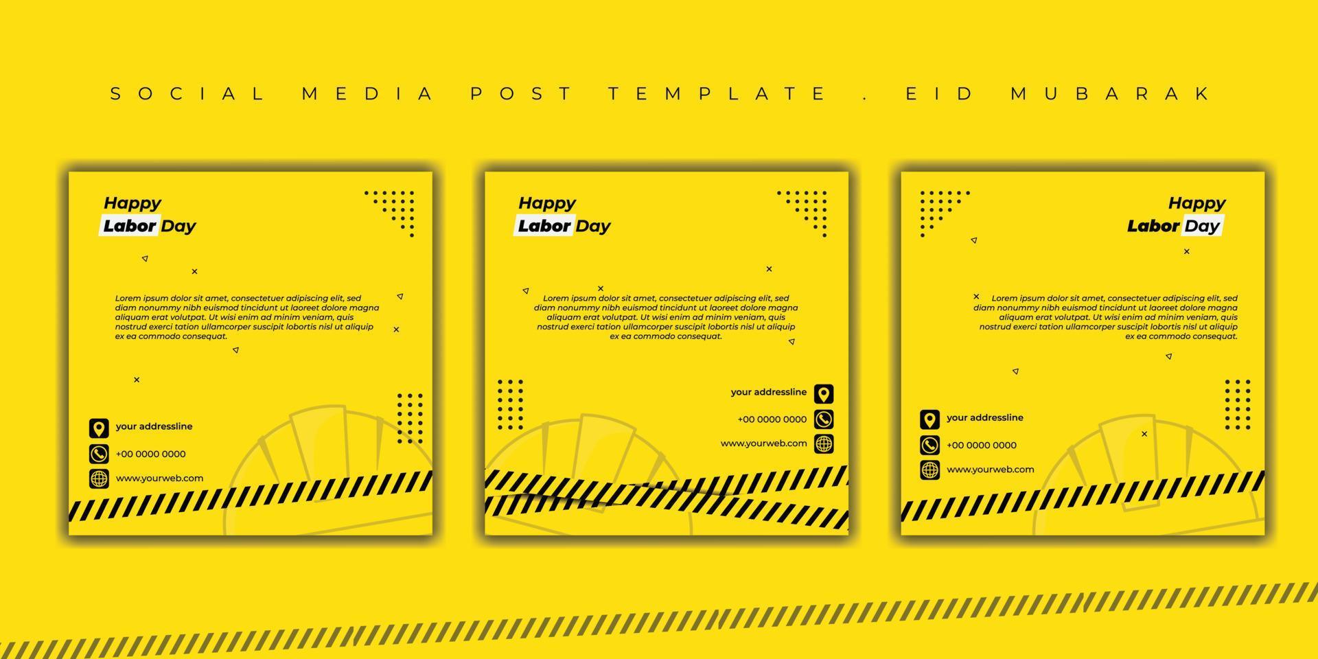 bonne conception de la fête du travail avec un design jaune. ensemble de modèles de publication sur les réseaux sociaux. vecteur