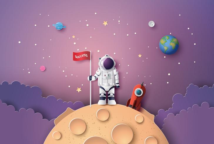 Astronaute avec drapeau sur la lune, vecteur