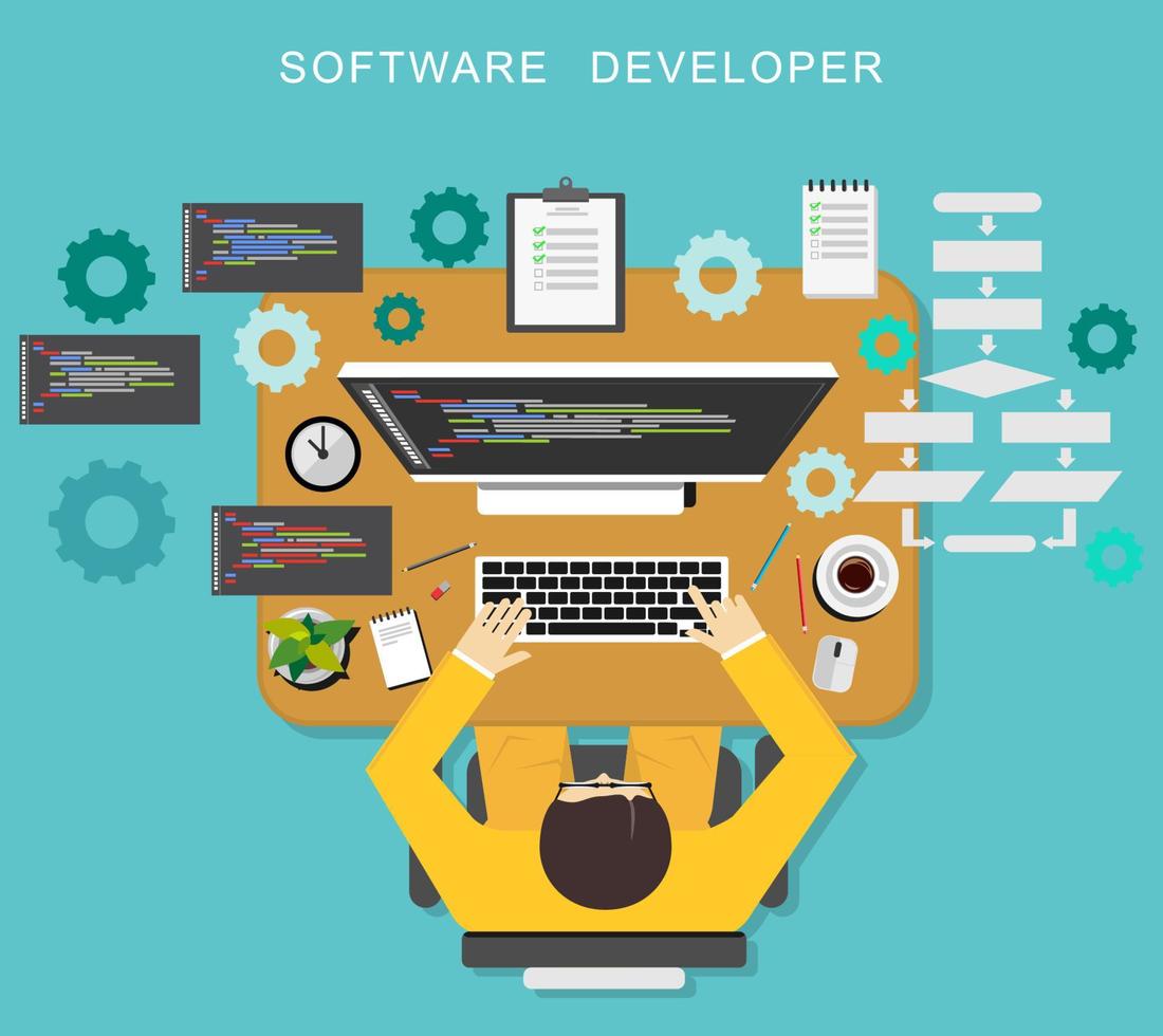 concept de développeur de logiciels. programmeur codage sur le bureau. vecteur