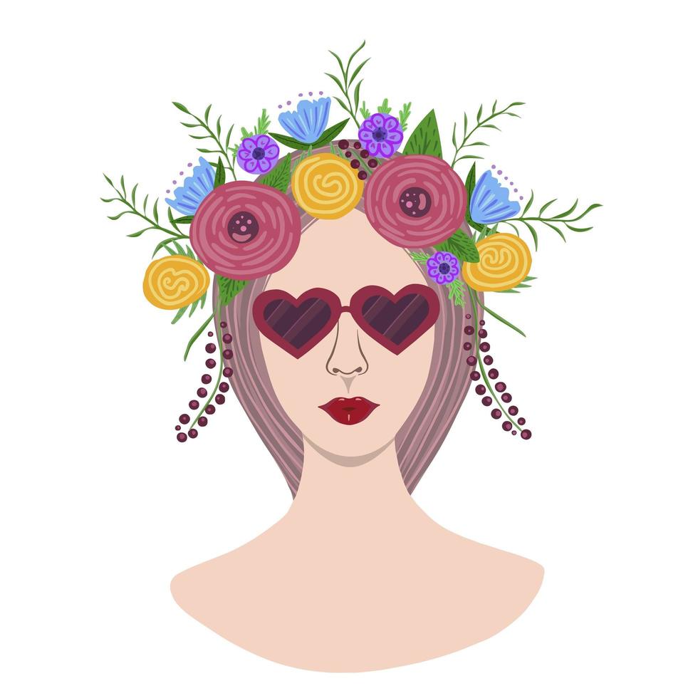 fille à lunettes de soleil et fleurs sur la tête sur fond blanc. illustration pour l'impression, le logo, le salon de beauté, les couvertures, l'emballage, les cartes de voeux, les affiches, les autocollants, le textile, le design saisonnier. vecteur