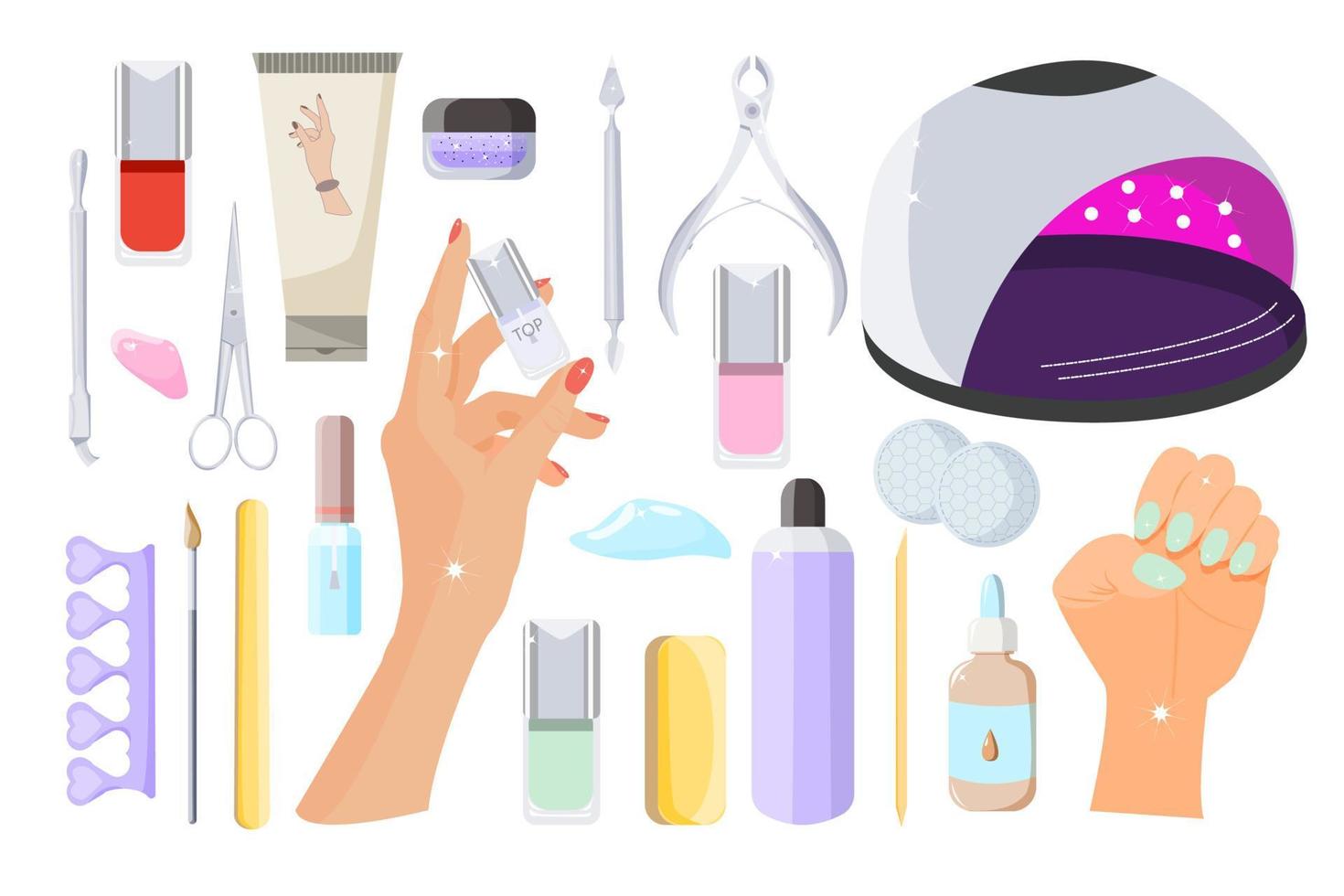 outils pour effectuer une manucure à la maison et dans un salon de beauté. ensemble de produits de soins des mains. illustration de vecteur plat isolé sur fond blanc