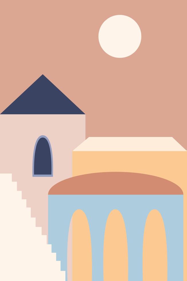 paysage de la vieille ville avec des escaliers et des vases de style bohème. design d'été minimaliste pour les publicités de voyage, invitations à des fêtes d'été, étiquettes de boutique de cadeaux vecteur