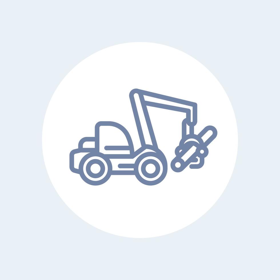 icône de ligne d'abatteuse forestière, abatteuse-empileuse à roues, machine de récolte de bois isolée sur blanc vecteur
