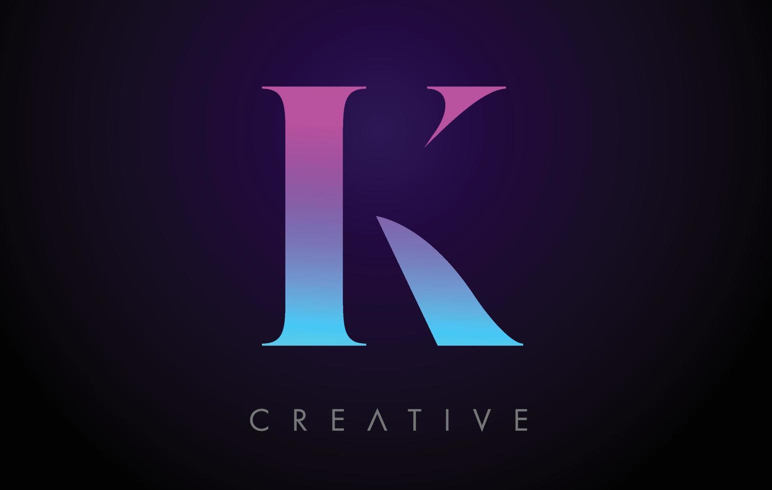 concept de conception de logo lettre k néon bleu violet avec style minimaliste et vecteur de police serif