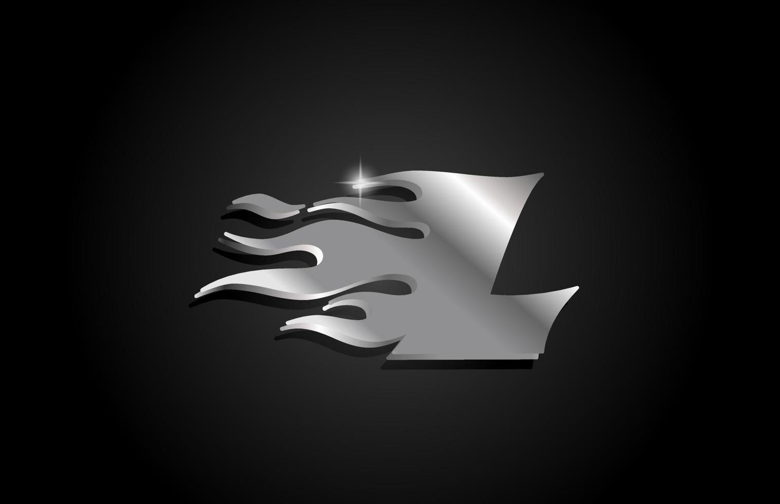 création de logo icône lettre l alphabet gris métallisé. modèle créatif pour les entreprises avec un style métallique et des flammes vecteur