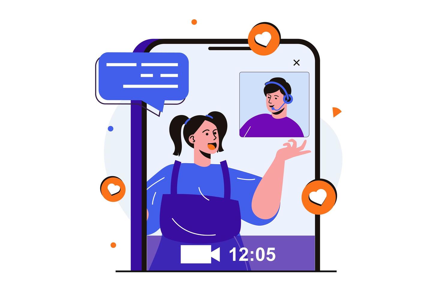 chat vidéo concept plat moderne pour la conception de bannières web. femme et homme parlant à l'aide de l'application d'appel vidéo mobile. la jeune fille diffuse en direct à l'écran. illustration vectorielle avec scène de personnes isolées vecteur